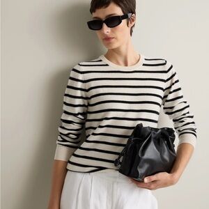 Quince ivory/black striped 100% cashmere crew neck sweater